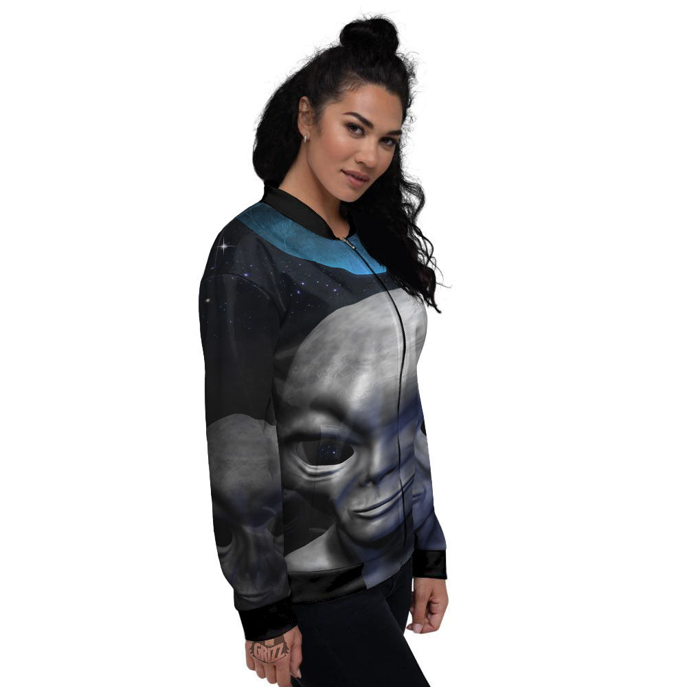 3D Grey Alien Print Women's Bomber Jacket-grizzshop