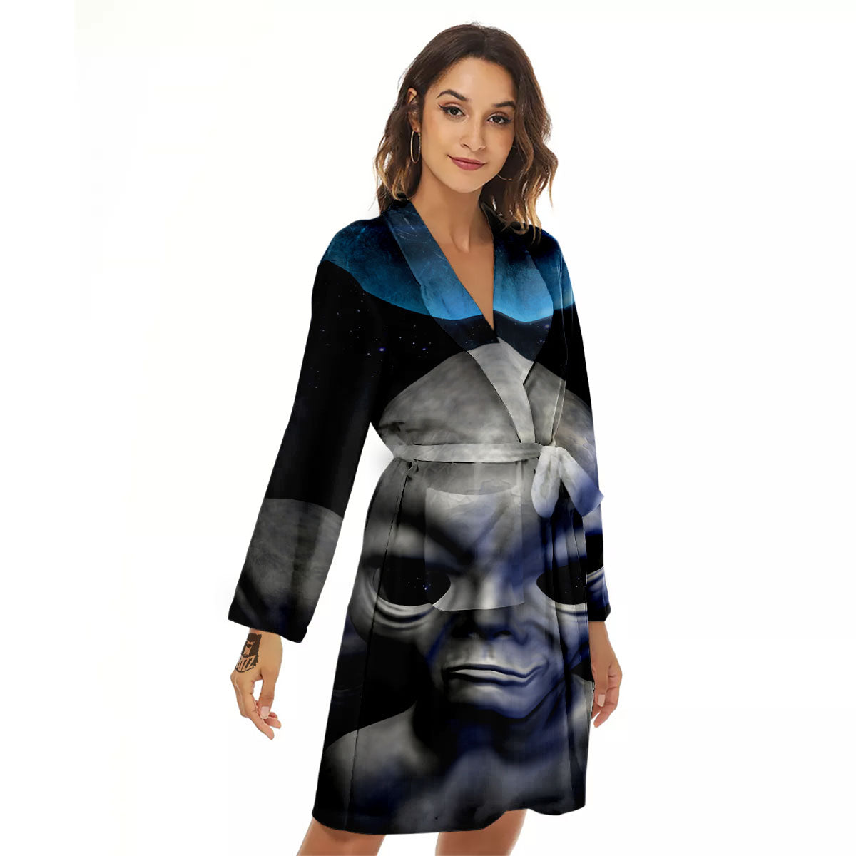 3D Grey Alien Print Women's Robe-grizzshop