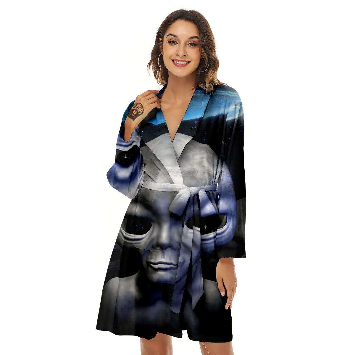 3D Grey Alien Print Women's Robe-grizzshop