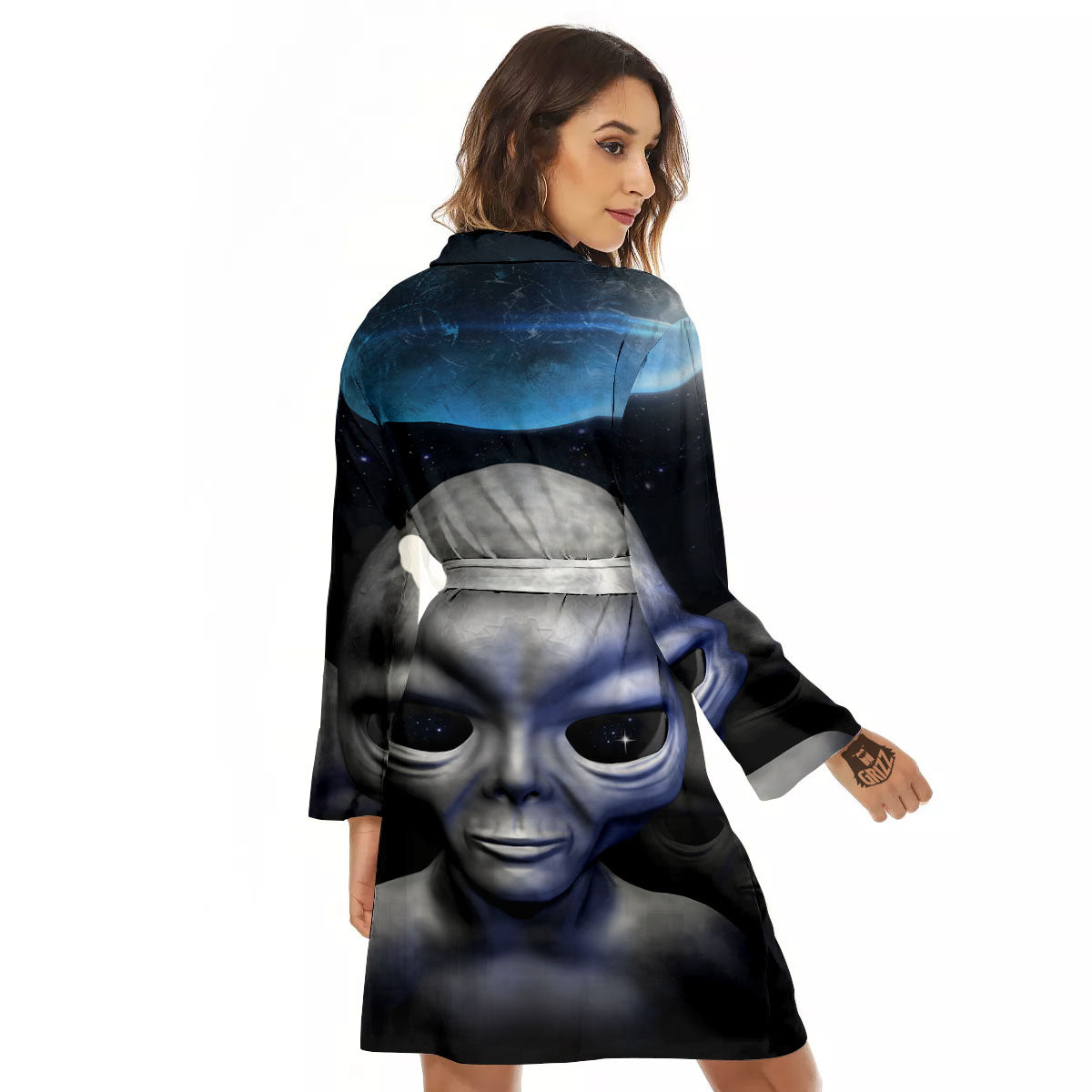 3D Grey Alien Print Women's Robe-grizzshop