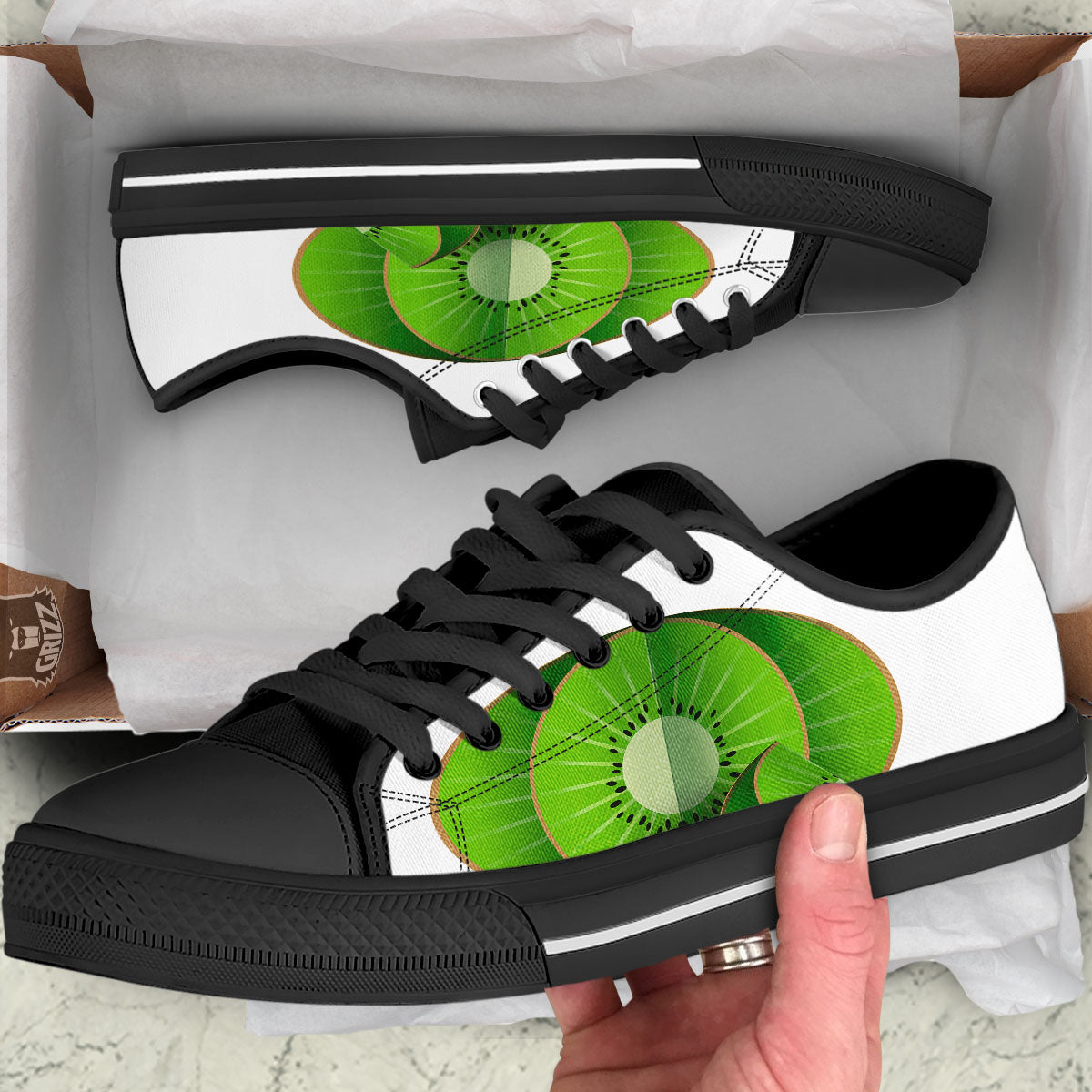 3D Kiwi Print Black Low Top Shoes-grizzshop