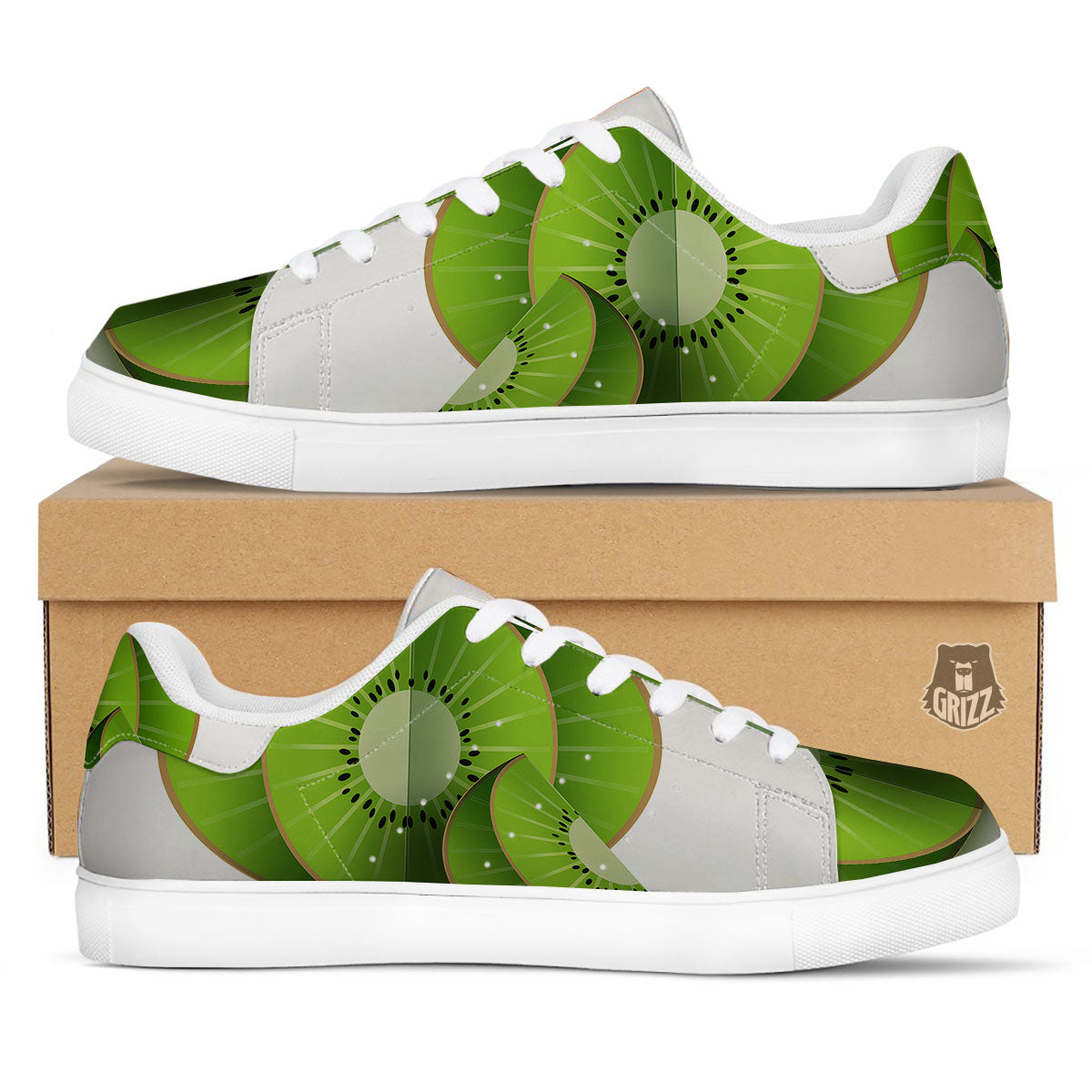 3D Kiwi Print White Low Top Sneakers-grizzshop