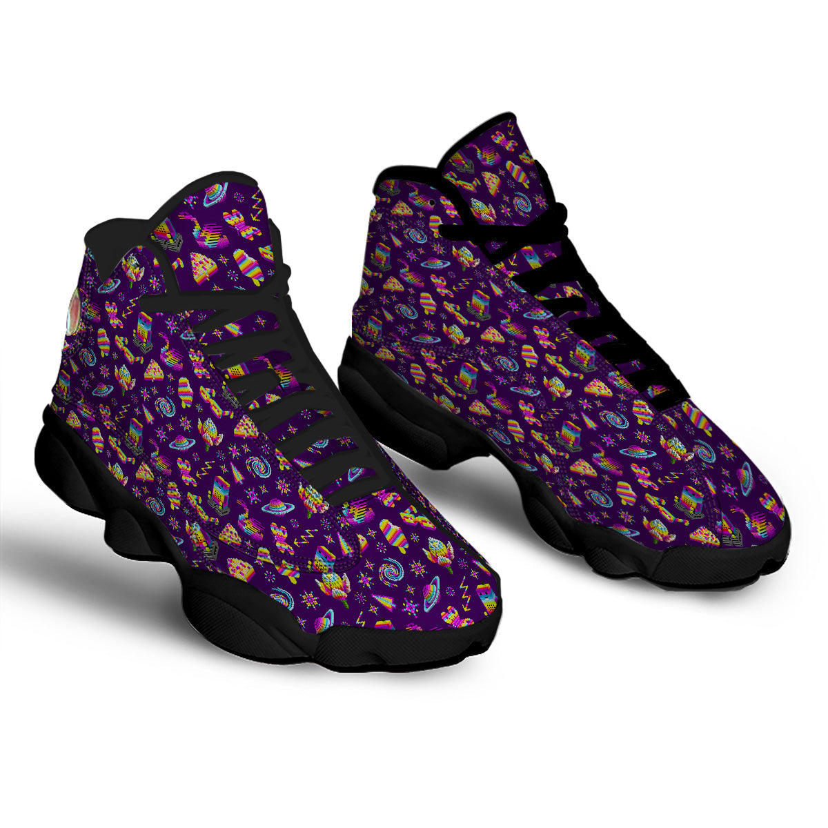 3D Pixel Cartoon Print Pattern Black Basketball Shoes-grizzshop