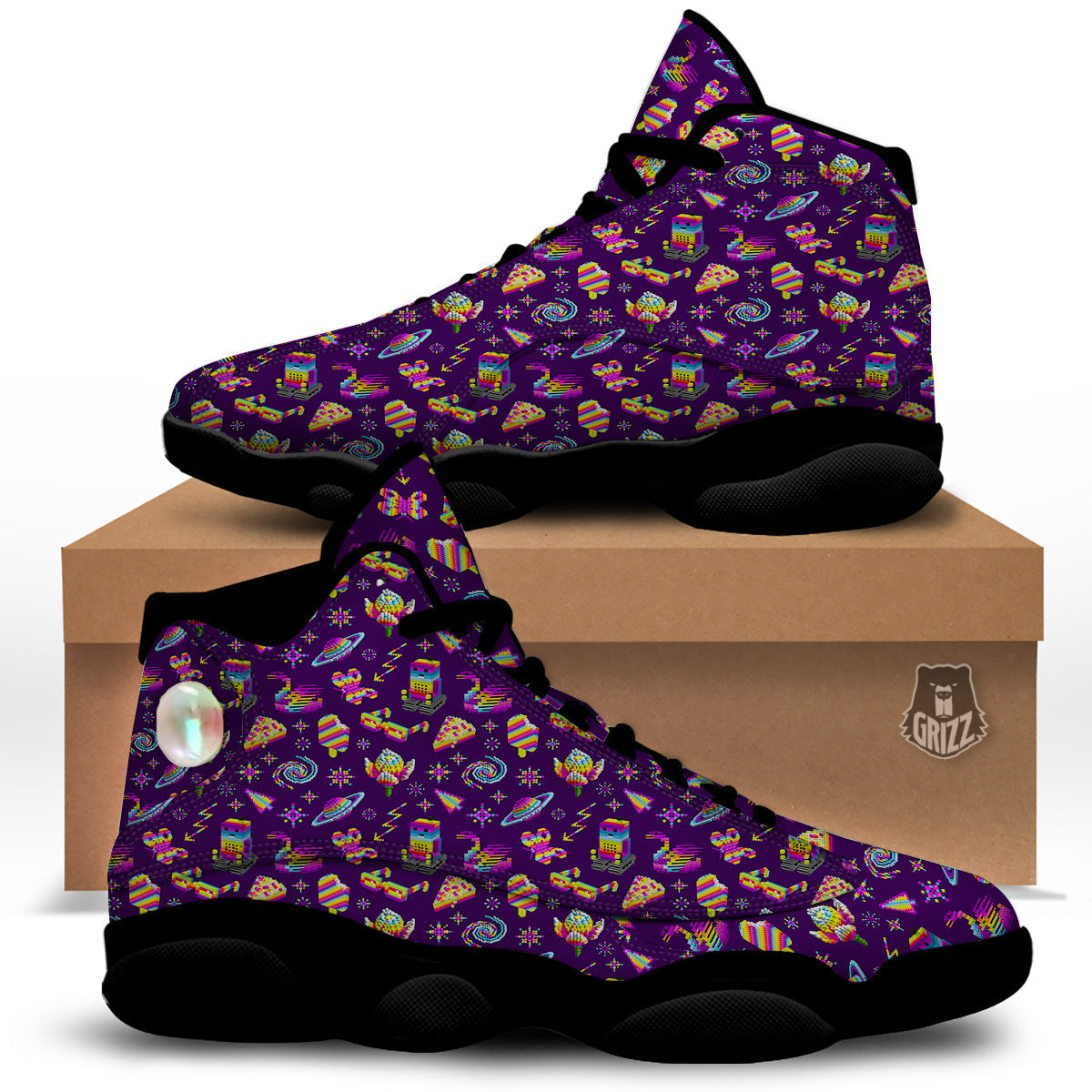 3D Pixel Cartoon Print Pattern Black Basketball Shoes-grizzshop
