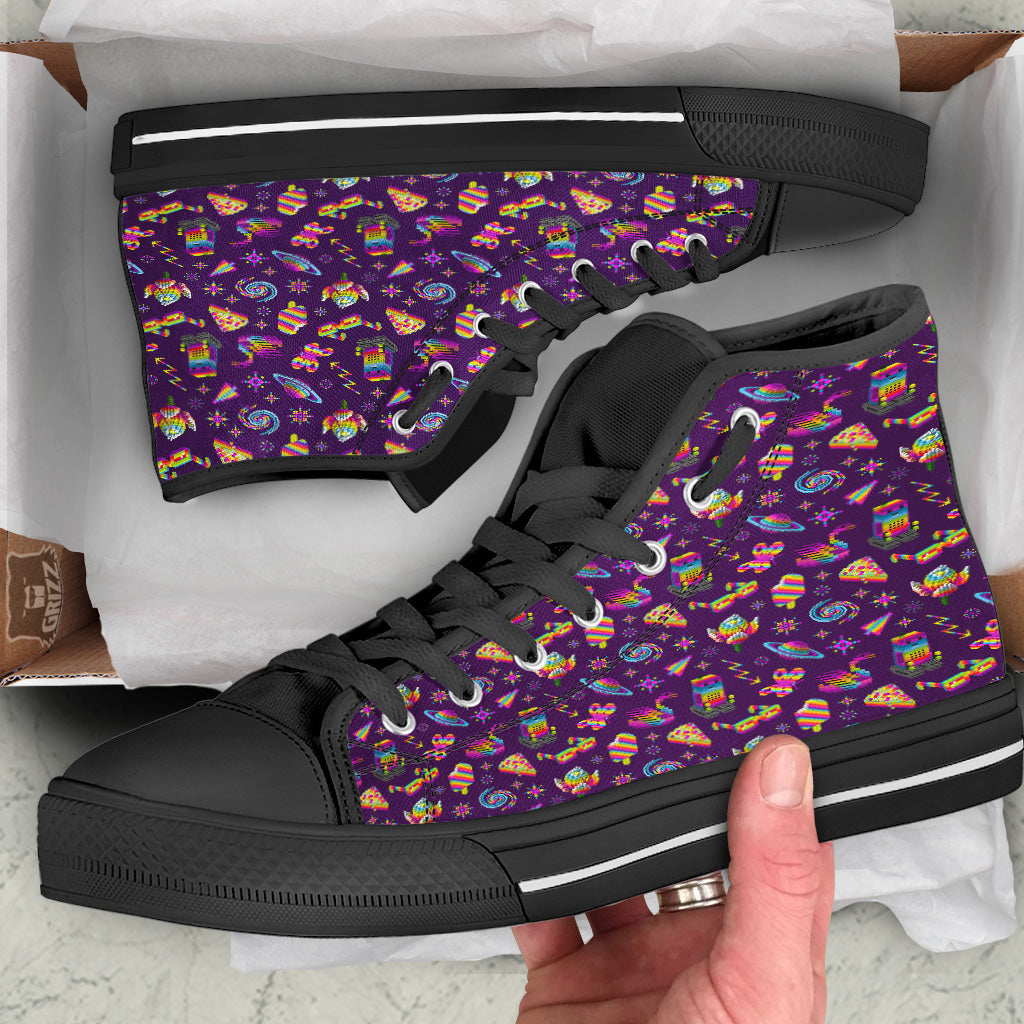 3D Pixel Cartoon Print Pattern Black High Top Shoes-grizzshop