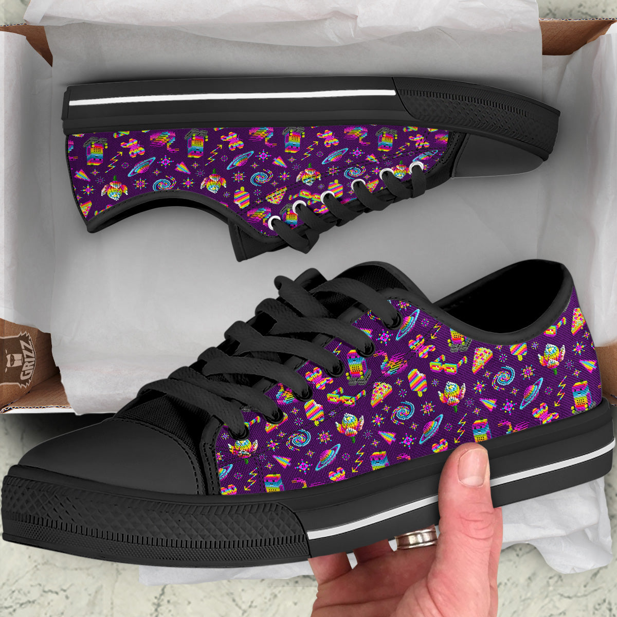 3D Pixel Cartoon Print Pattern Black Low Top Shoes-grizzshop