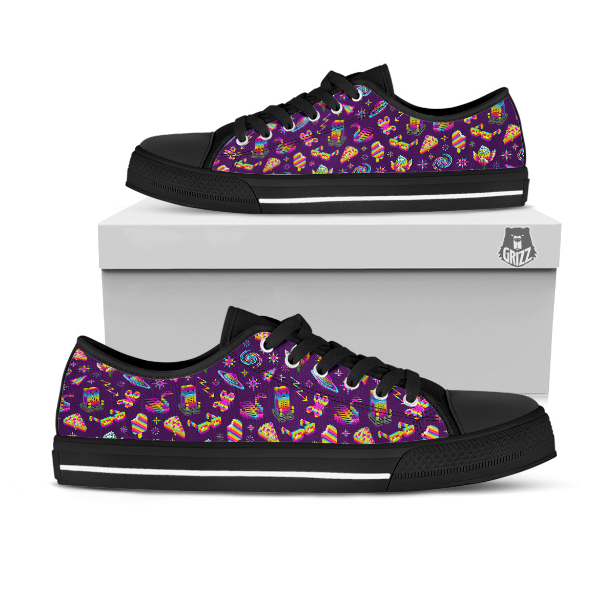 3D Pixel Cartoon Print Pattern Black Low Top Shoes-grizzshop