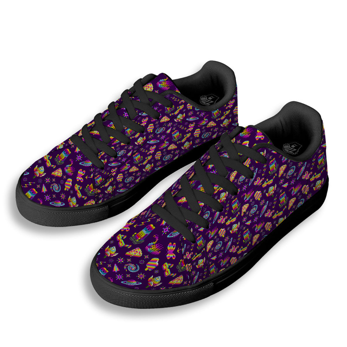 3D Pixel Cartoon Print Pattern Black Low Top Sneakers-grizzshop