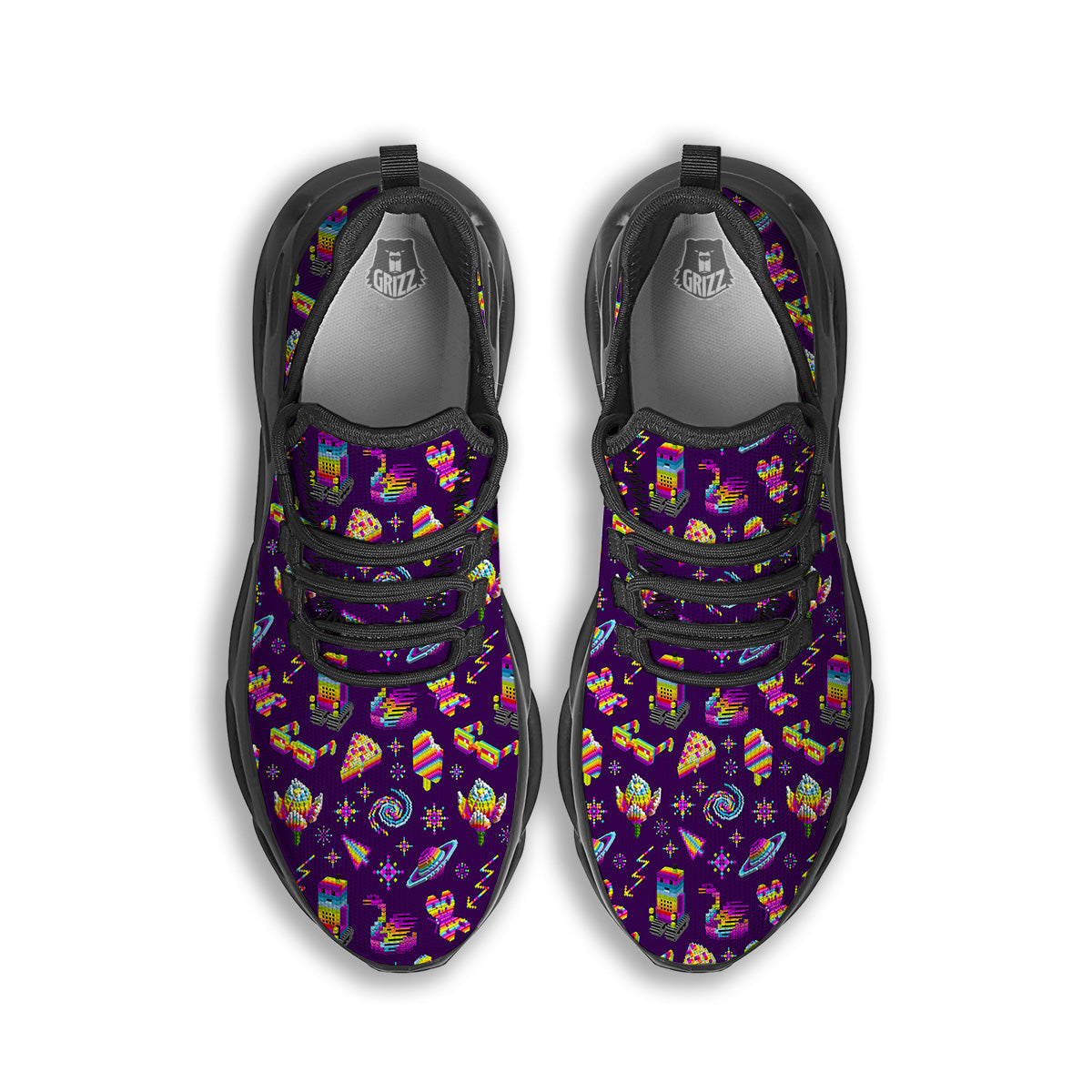 3D Pixel Cartoon Print Pattern Black Running Shoes-grizzshop