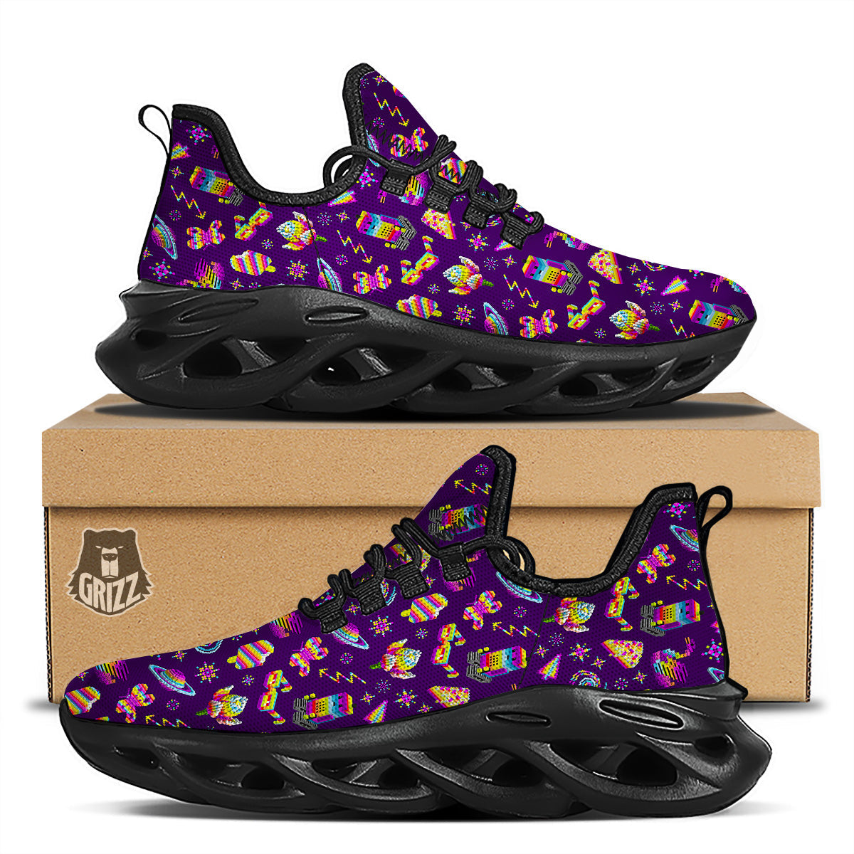 3D Pixel Cartoon Print Pattern Black Running Shoes-grizzshop