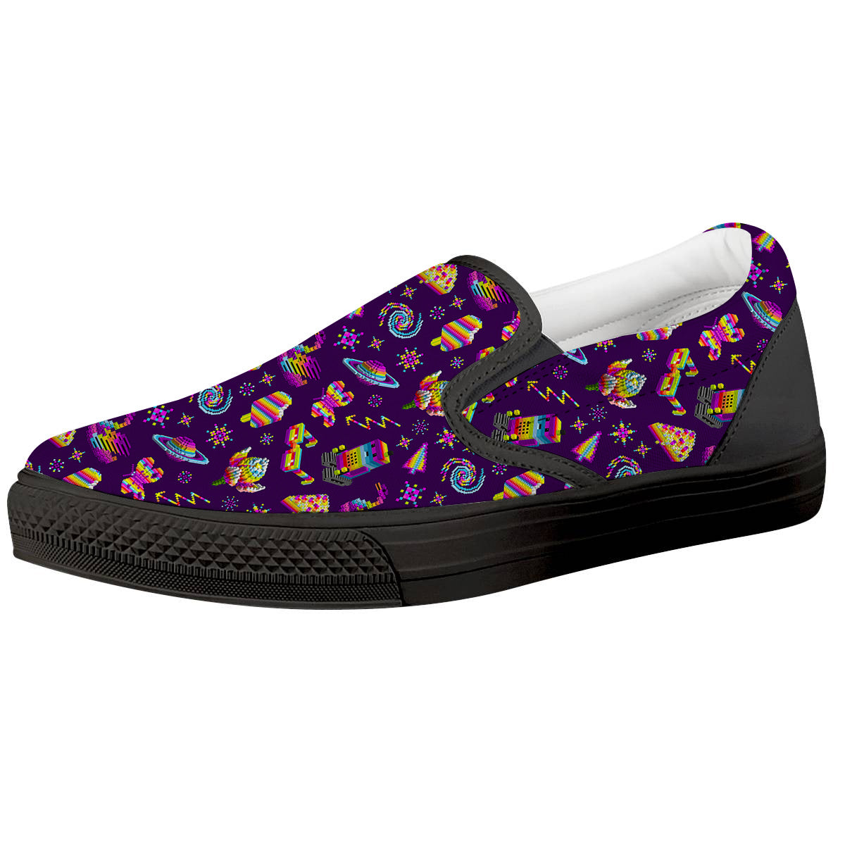 3D Pixel Cartoon Print Pattern Black Slip On Shoes-grizzshop