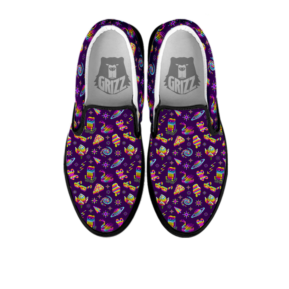 3D Pixel Cartoon Print Pattern Black Slip On Shoes-grizzshop