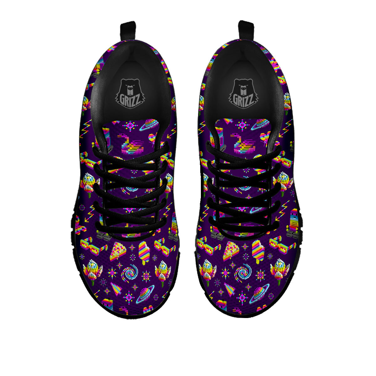 3D Pixel Cartoon Print Pattern Black Sneaker-grizzshop