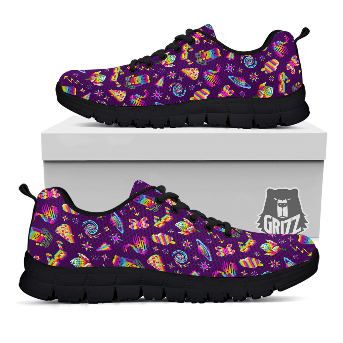 3D Pixel Cartoon Print Pattern Black Sneaker-grizzshop