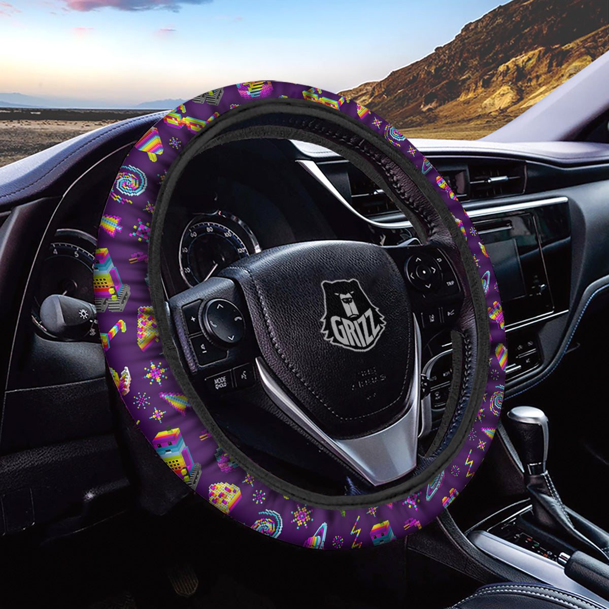 3D Pixel Cartoon Print Pattern Car Steering Wheel Cover-grizzshop