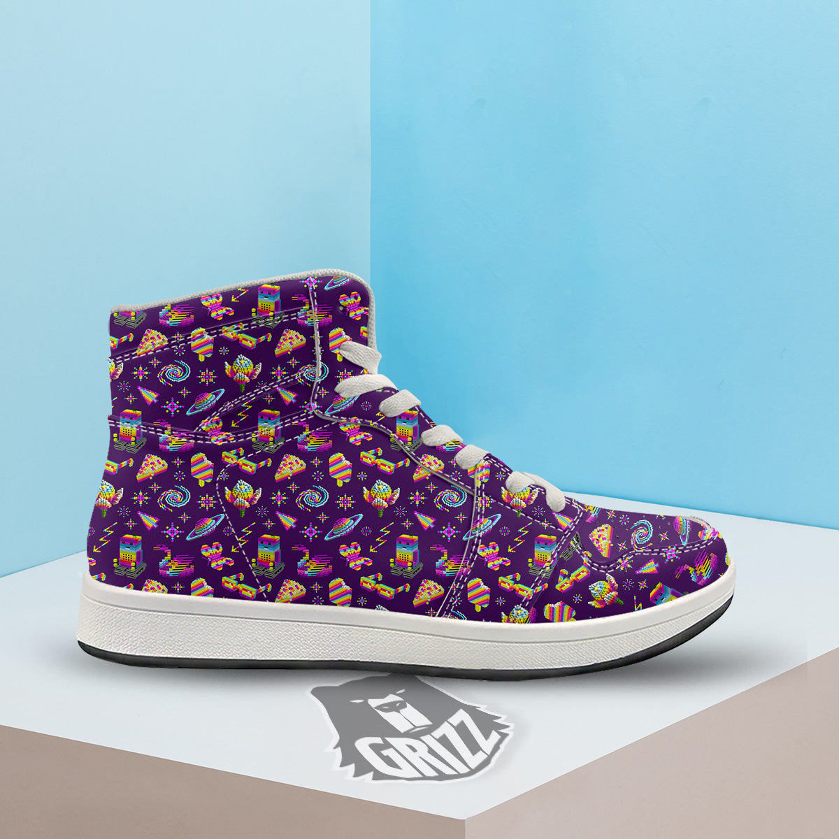 3D Pixel Cartoon Print Pattern High Top Sneakers-grizzshop