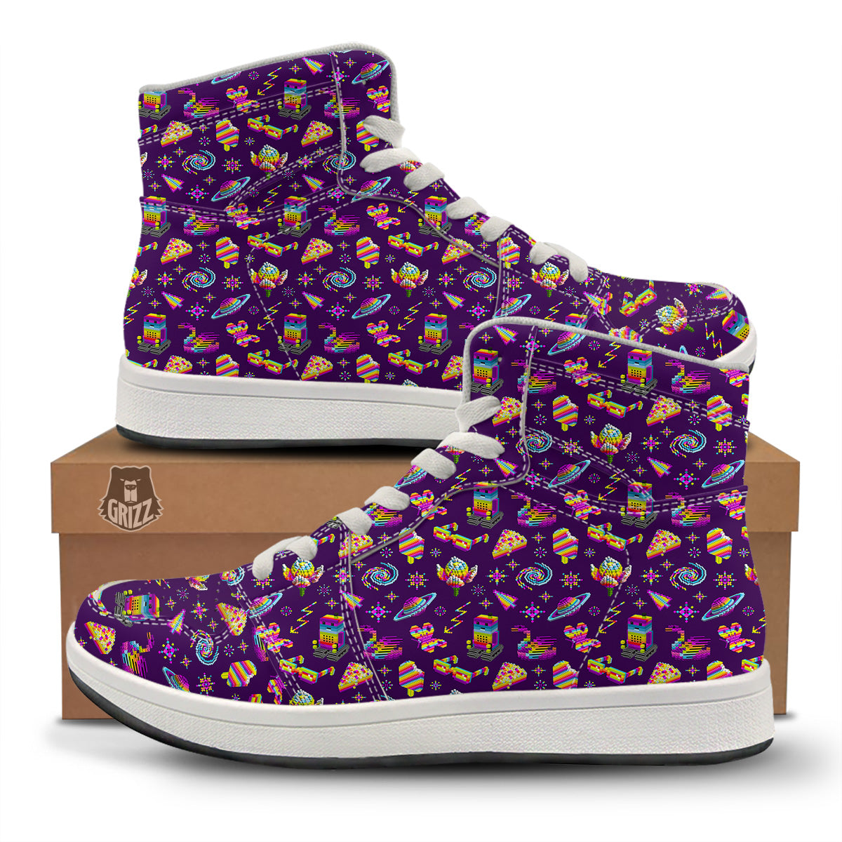 3D Pixel Cartoon Print Pattern High Top Sneakers-grizzshop