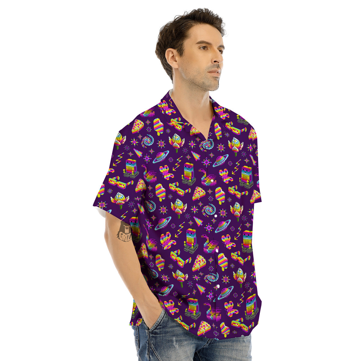 3D Pixel Cartoon Print Pattern Men's Hawaiian Shirt-grizzshop
