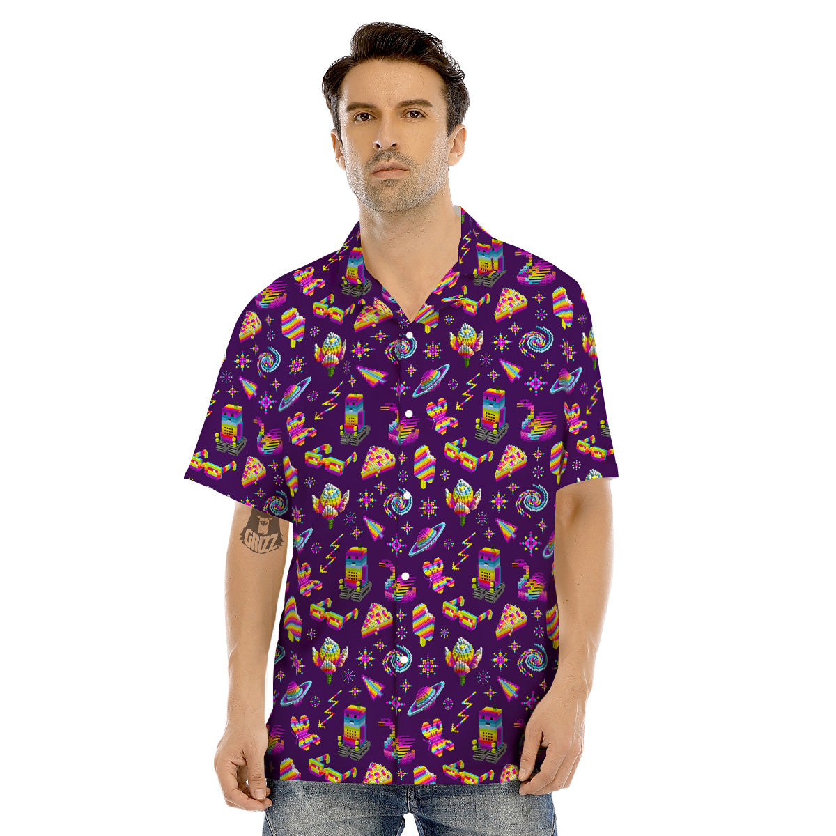 3D Pixel Cartoon Print Pattern Men's Hawaiian Shirt-grizzshop