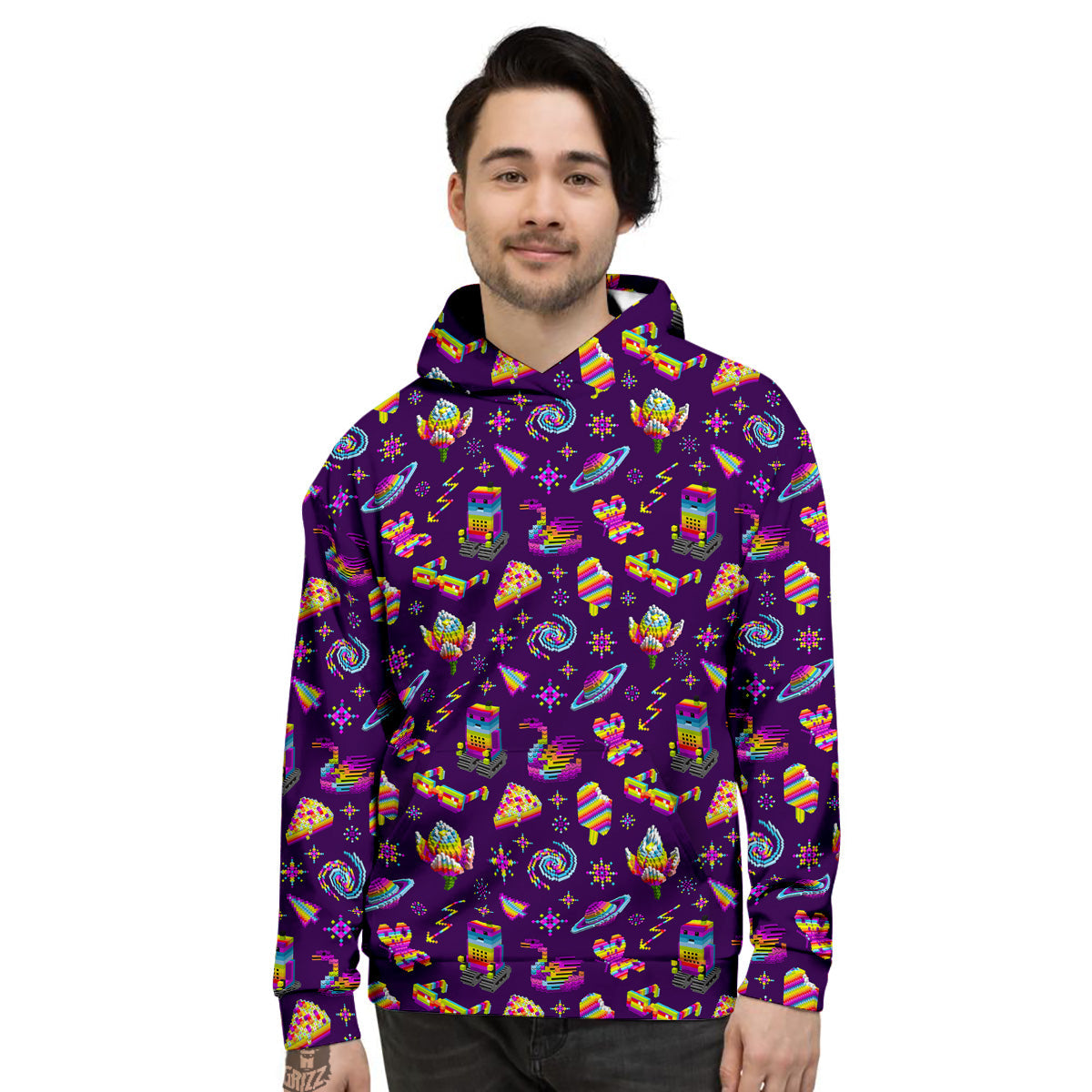 3D Pixel Cartoon Print Pattern Men's Hoodie-grizzshop