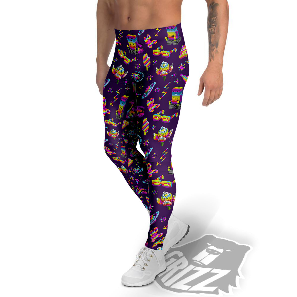 3D Pixel Cartoon Print Pattern Men's Leggings-grizzshop