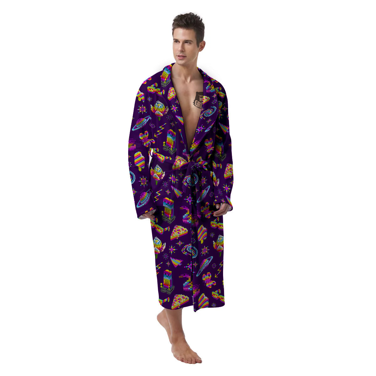 3D Pixel Cartoon Print Pattern Men's Robe-grizzshop