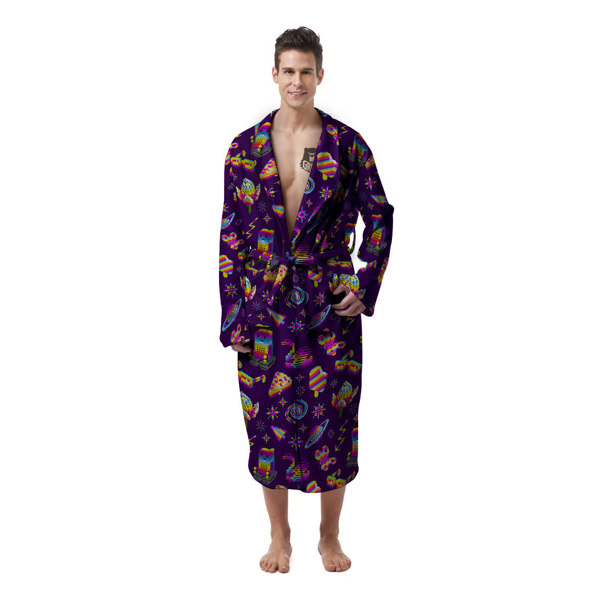 3D Pixel Cartoon Print Pattern Men's Robe-grizzshop