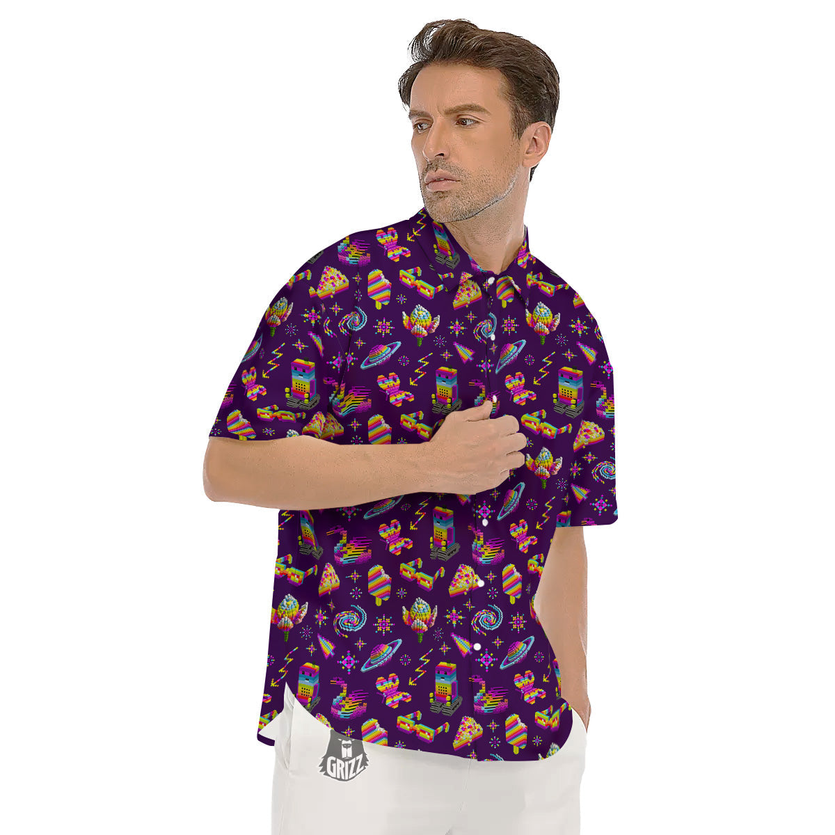 3D Pixel Cartoon Print Pattern Men's Short Sleeve Shirts-grizzshop
