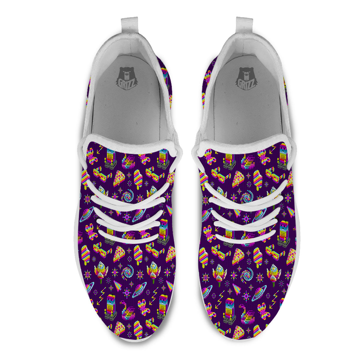 3D Pixel Cartoon Print Pattern White Athletic Shoes-grizzshop