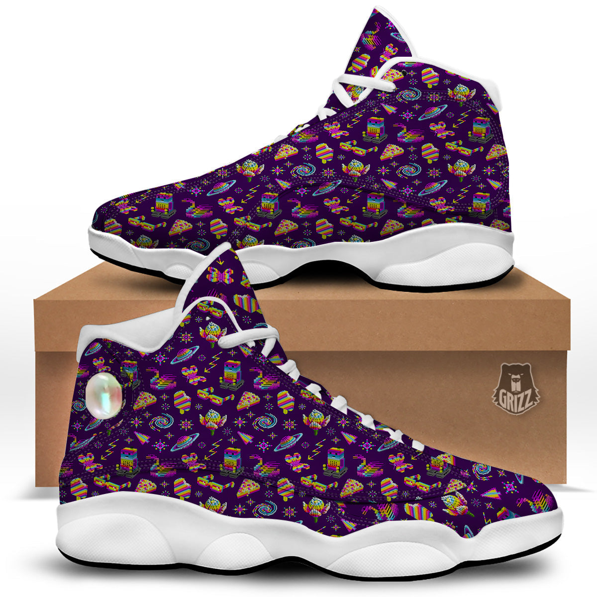 3D Pixel Cartoon Print Pattern White Basketball Shoes-grizzshop