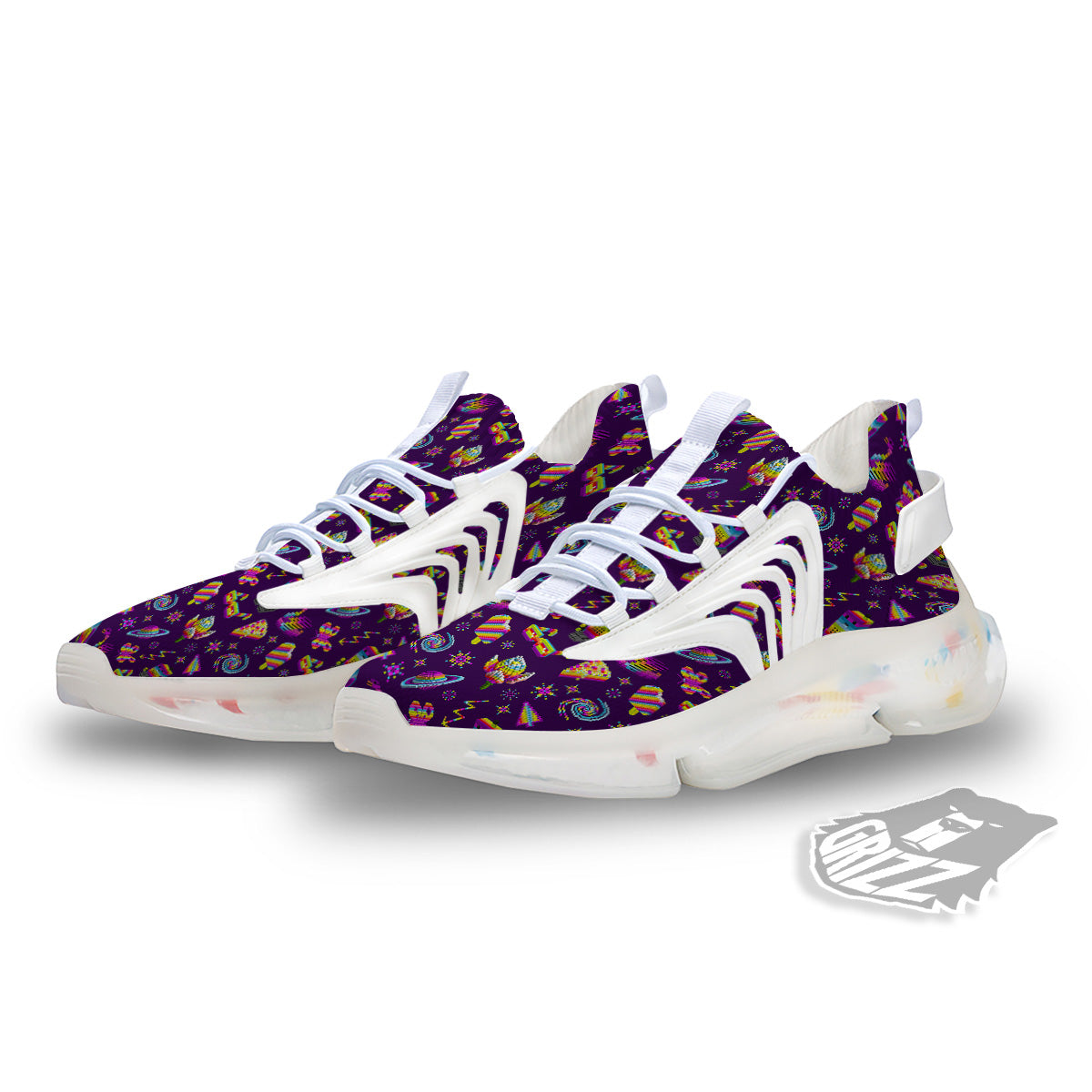 3D Pixel Cartoon Print Pattern White Gym Shoes-grizzshop
