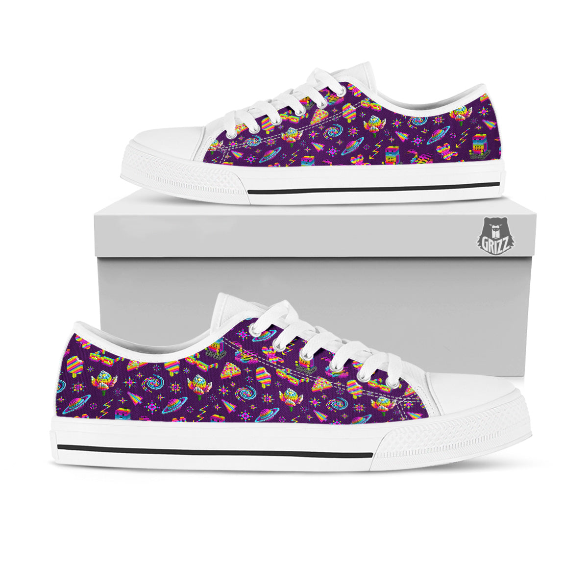 3D Pixel Cartoon Print Pattern White Low Top Shoes-grizzshop