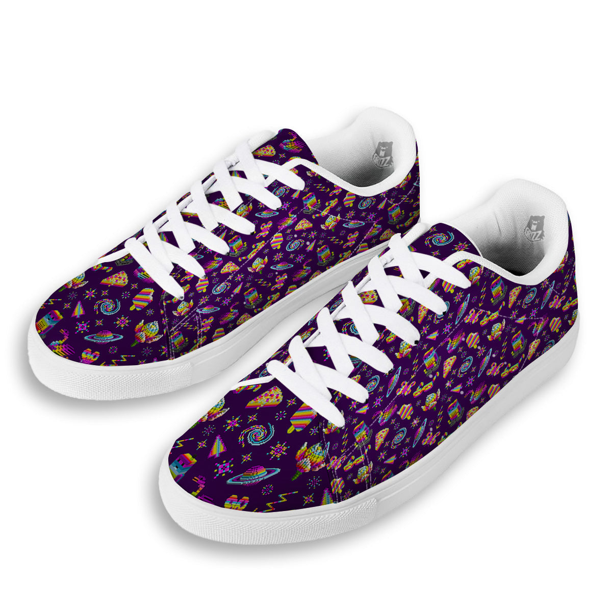 3D Pixel Cartoon Print Pattern White Low Top Sneakers-grizzshop