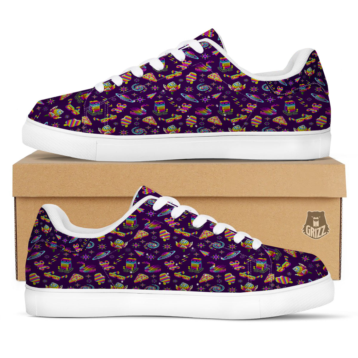 3D Pixel Cartoon Print Pattern White Low Top Sneakers-grizzshop