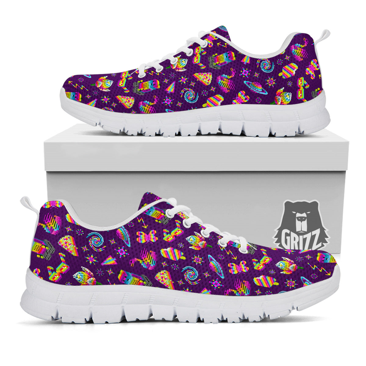 3D Pixel Cartoon Print Pattern White Sneaker-grizzshop