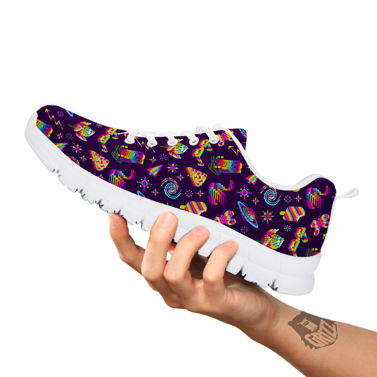 3D Pixel Cartoon Print Pattern White Sneaker-grizzshop