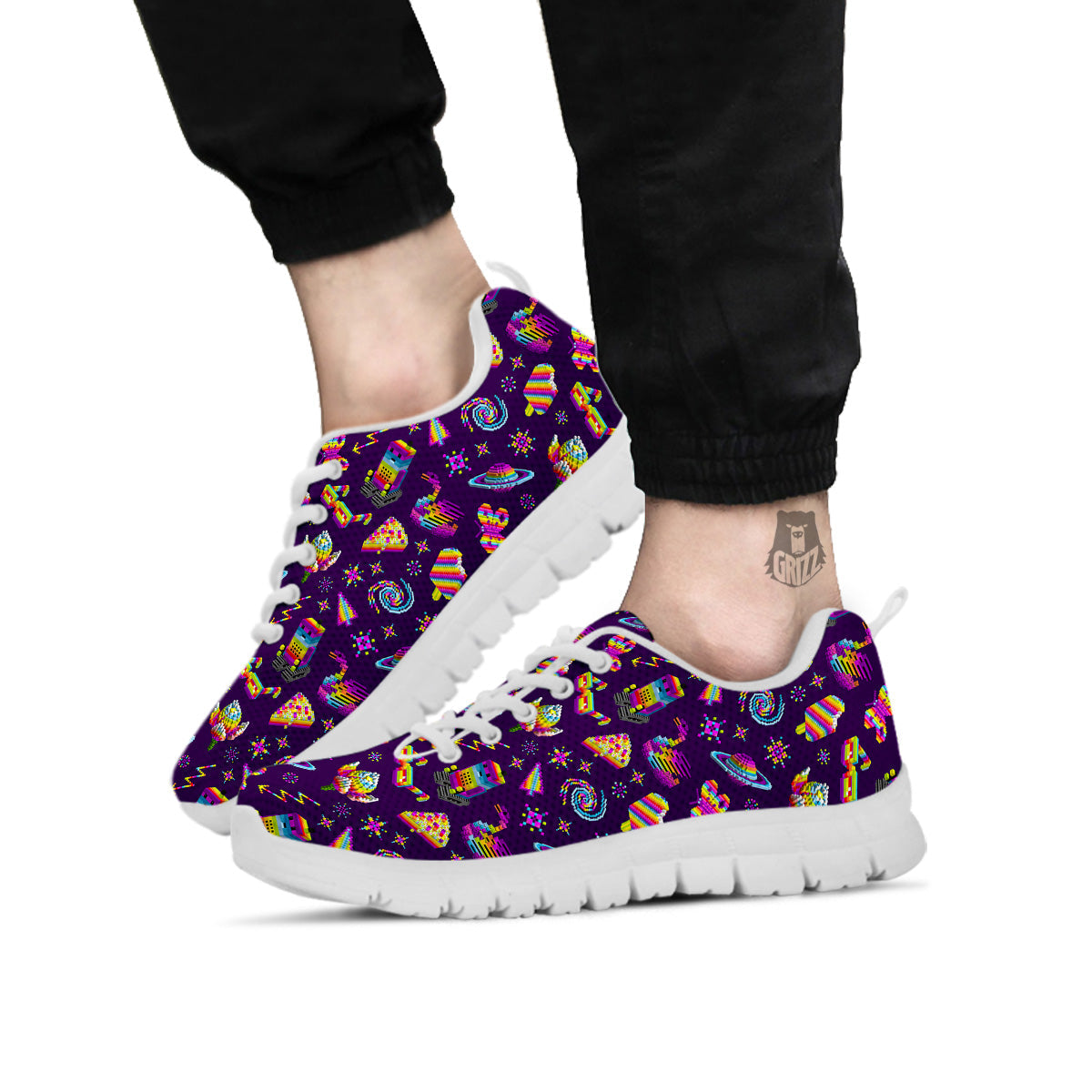3D Pixel Cartoon Print Pattern White Sneaker-grizzshop