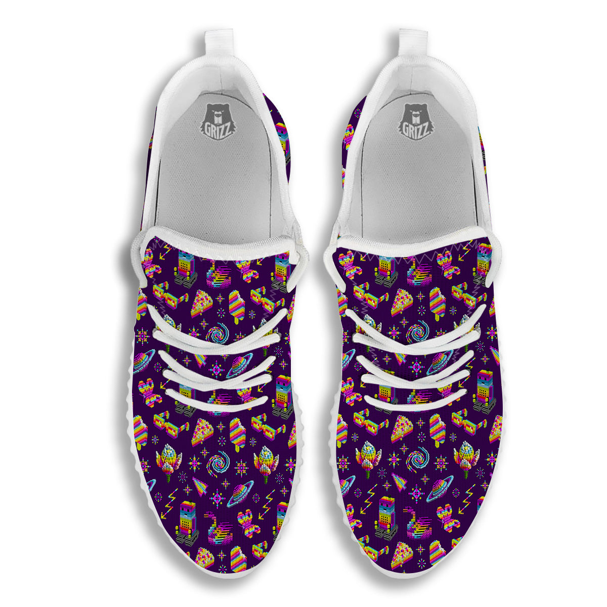 3D Pixel Cartoon Print Pattern White Walking Shoes-grizzshop