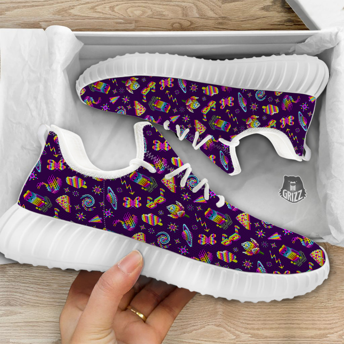 3D Pixel Cartoon Print Pattern White Walking Shoes-grizzshop