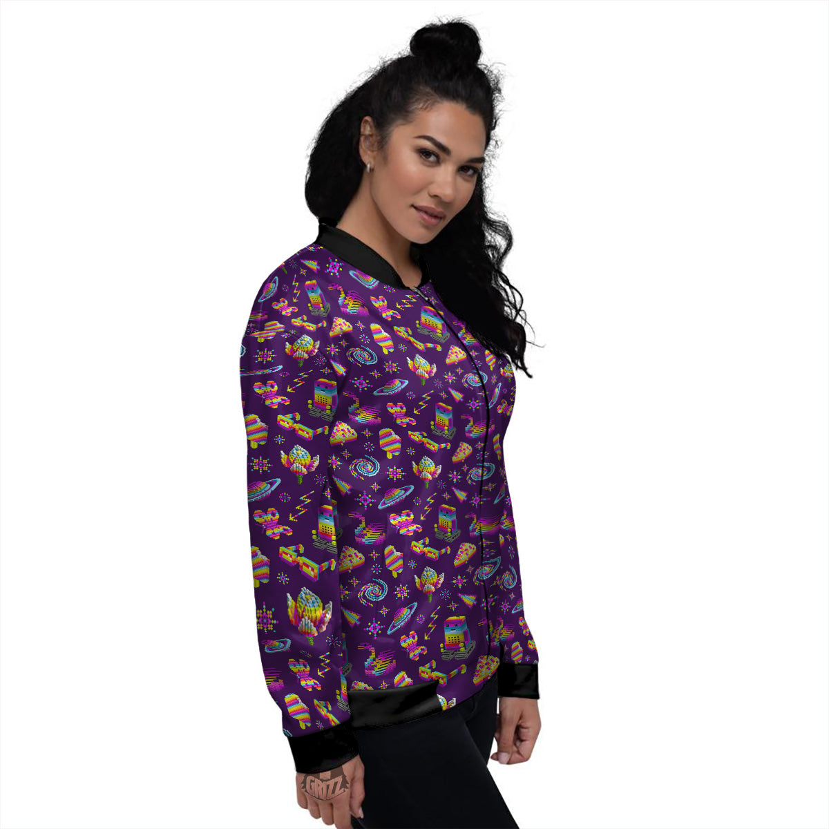 3D Pixel Cartoon Print Pattern Women's Bomber Jacket-grizzshop