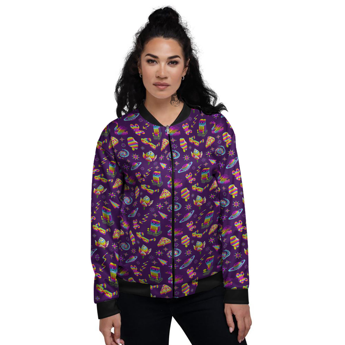 3D Pixel Cartoon Print Pattern Women's Bomber Jacket-grizzshop