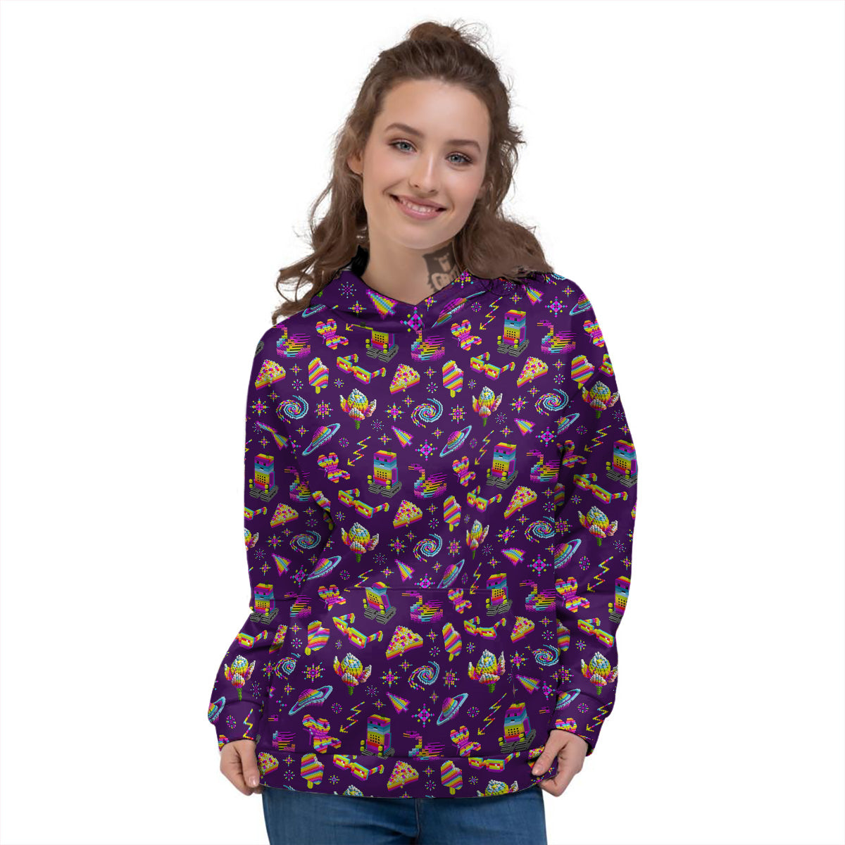 3D Pixel Cartoon Print Pattern Women's Hoodie-grizzshop