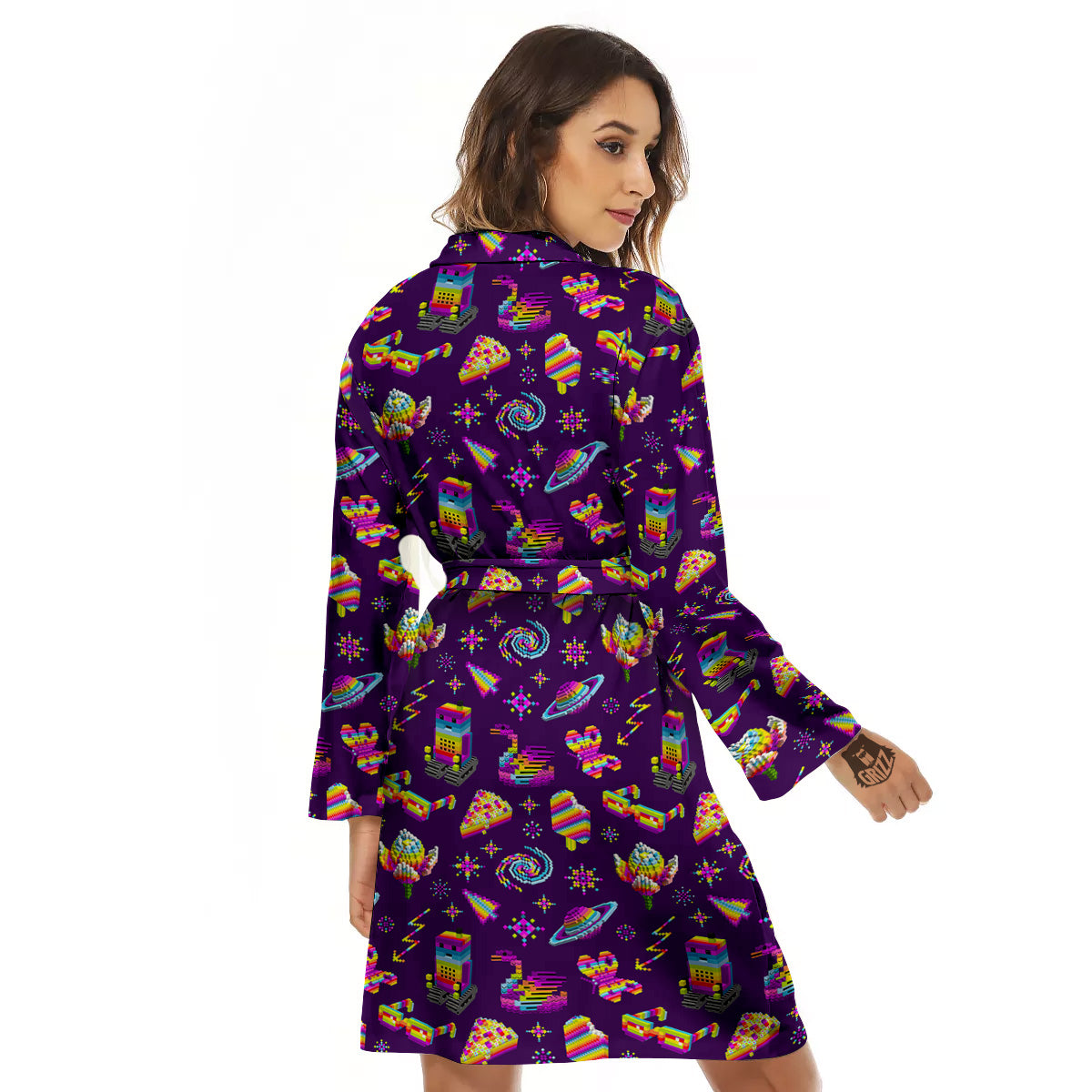 3D Pixel Cartoon Print Pattern Women's Robe-grizzshop