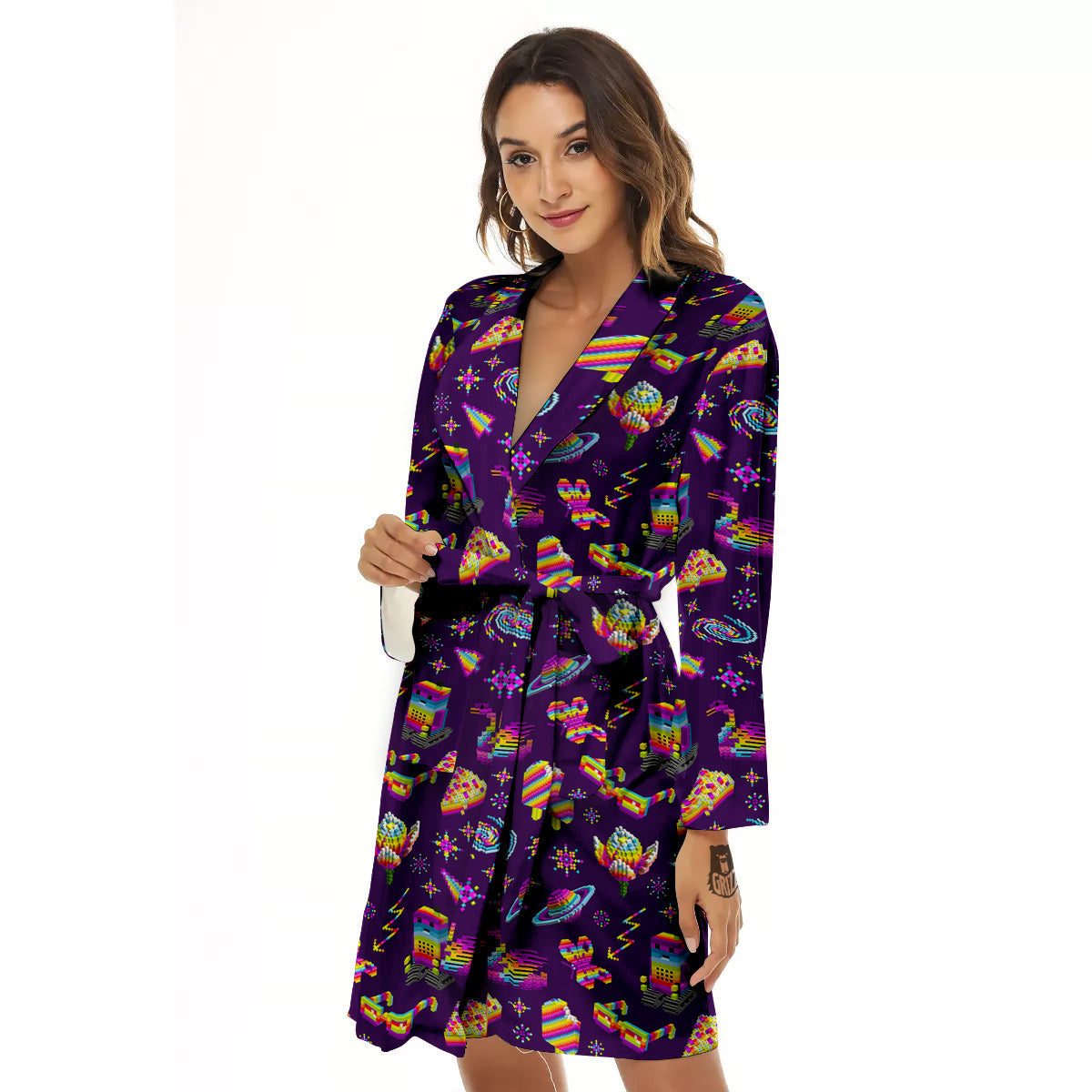 3D Pixel Cartoon Print Pattern Women's Robe-grizzshop