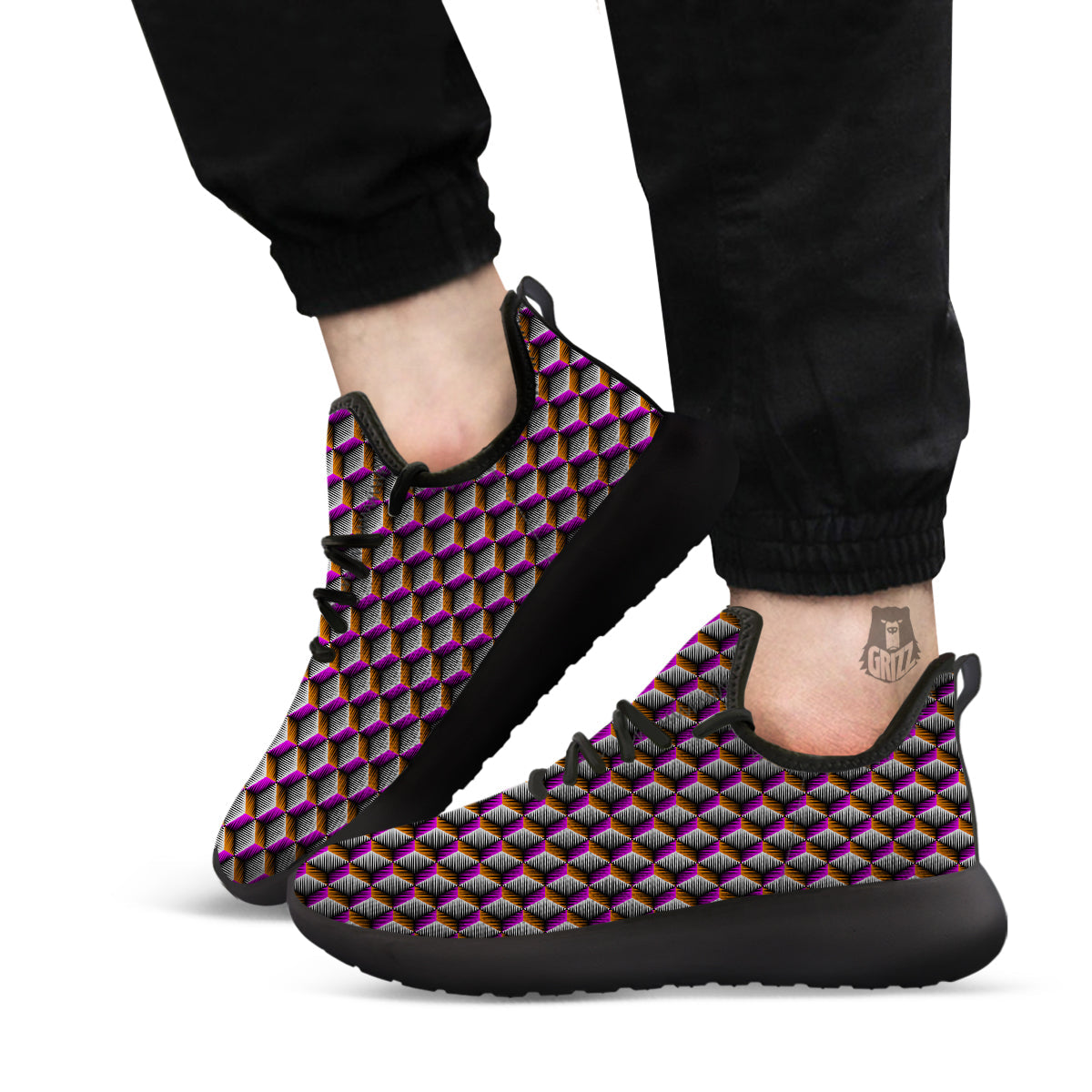3D Rhombus Print Pattern Black Athletic Shoes-grizzshop