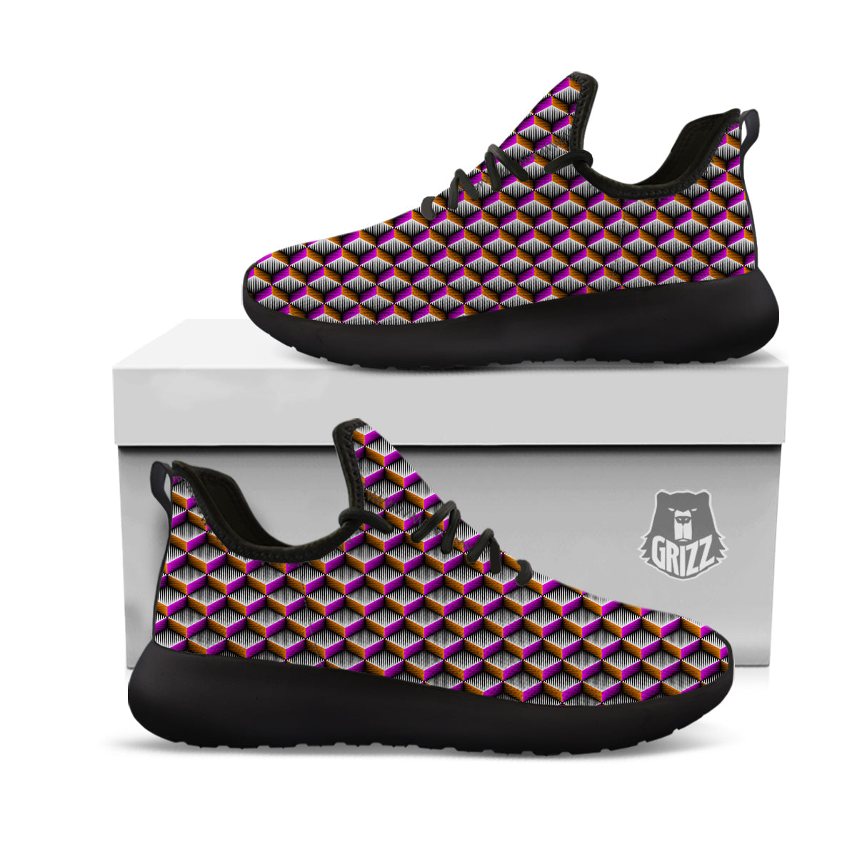 3D Rhombus Print Pattern Black Athletic Shoes-grizzshop