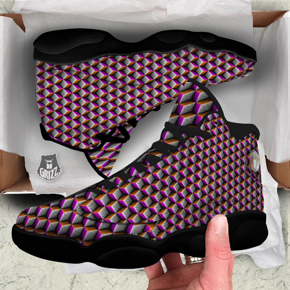3D Rhombus Print Pattern Black Basketball Shoes-grizzshop