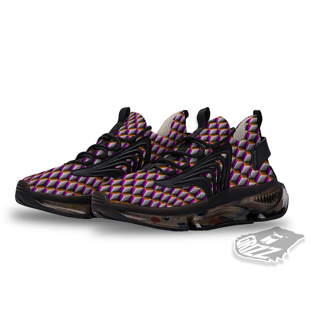 3D Rhombus Print Pattern Black Gym Shoes-grizzshop