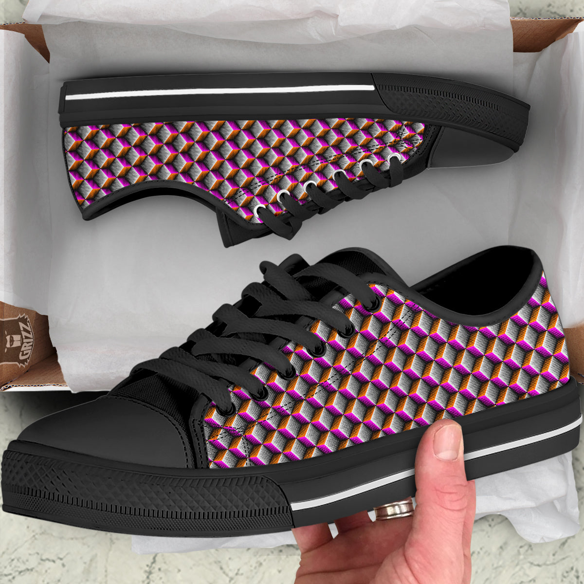 3D Rhombus Print Pattern Black Low Top Shoes-grizzshop