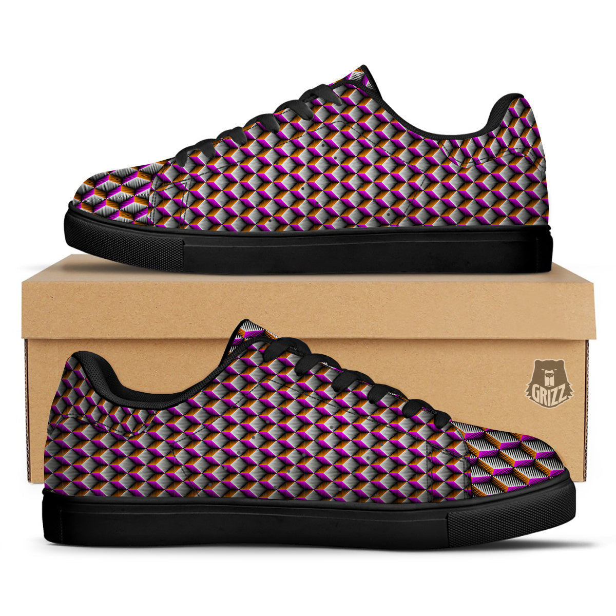 3D Rhombus Print Pattern Black Low Top Sneakers-grizzshop